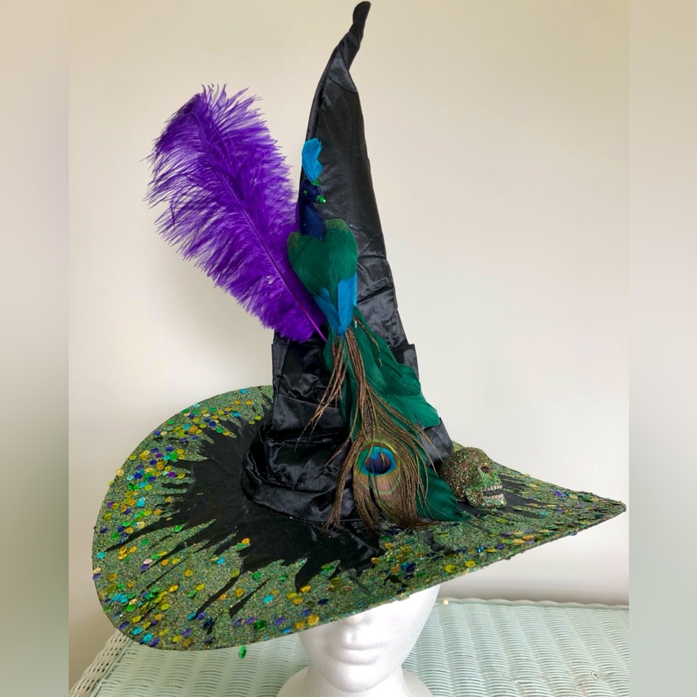 WITCH HAT Black satin green Sparkles crawling with spiders & Lg web 1 Of a kind - Picture 15 of 16